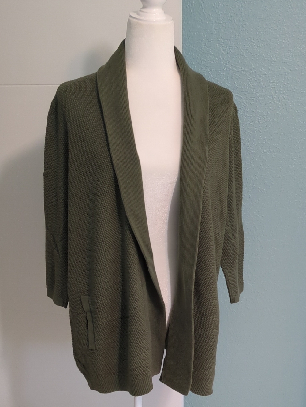 Land's End Olive Green Open Front Knit Cardigan Jacket Sz LP Fall Coastal Grandm